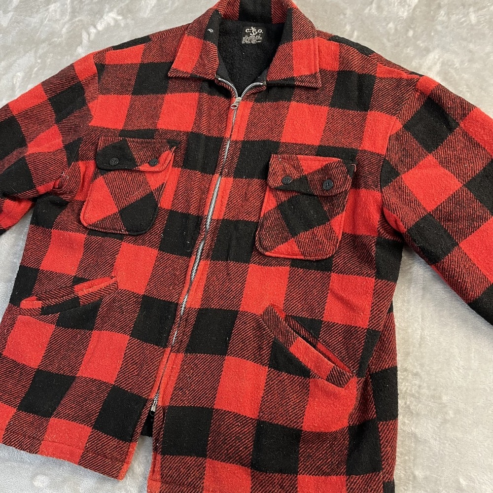 Vintage C.P.O. By Park Ave Jacket Mens Large Red Plaid Wool Zip Workwear Flannel